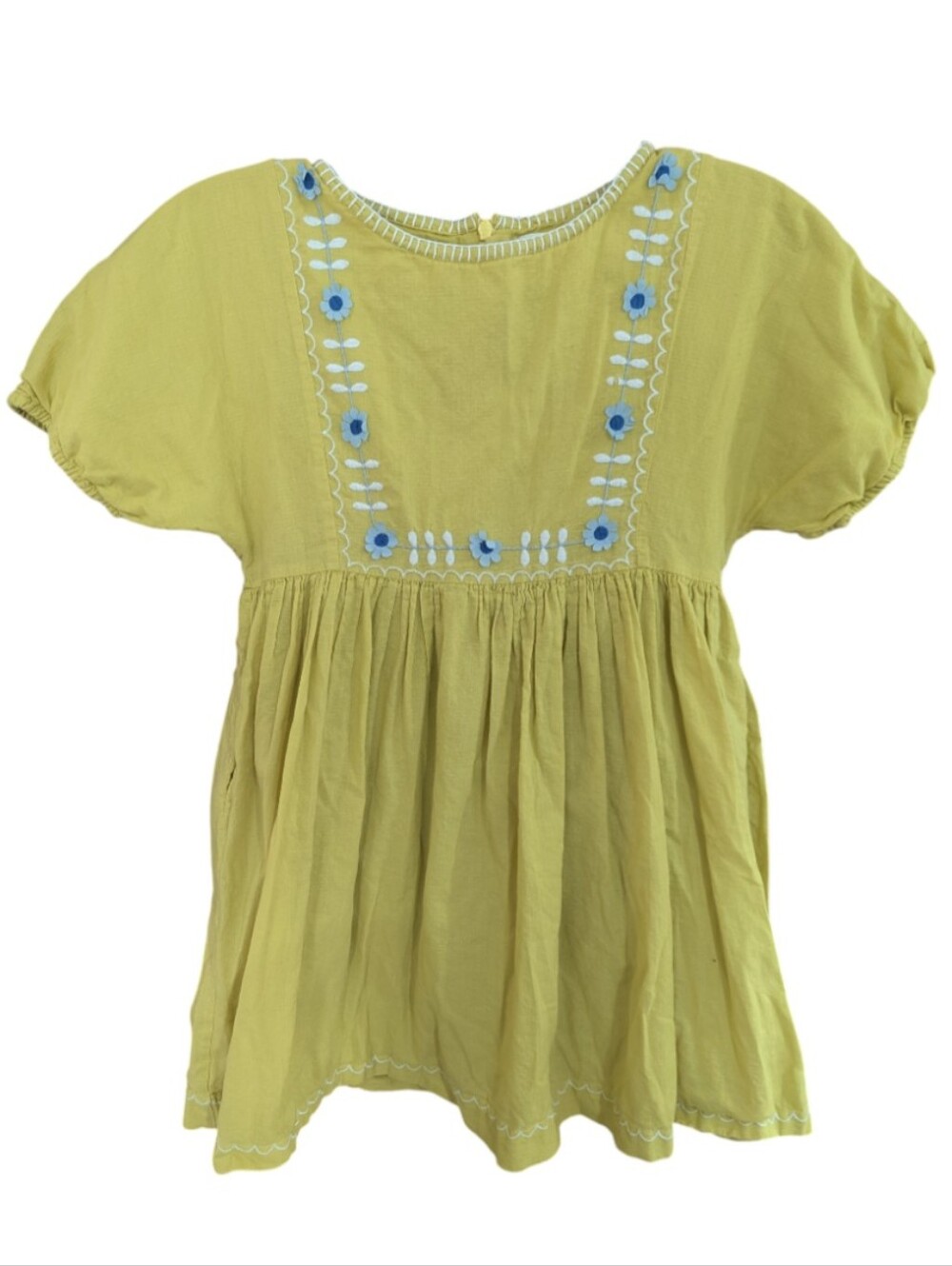 Mini Boden Girls Dress Golden Yellow Blue Flowers White Embroidery Sz 6-7Y 122cm